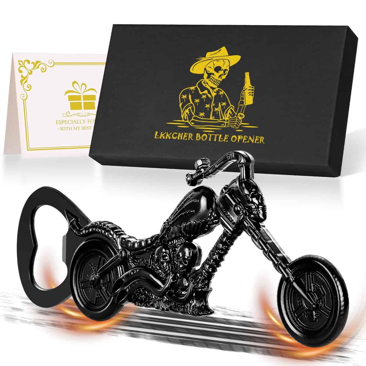 LKKCHER Apribottiglie di Birra per Moto Teschio, Regalo Uomo, regalo per moto, Idee Regalo Uomo per Lui Papà Marito Figlio, Regalo Compleanno Uomo Regali Natale, Nero(Con Confezione Regalo)