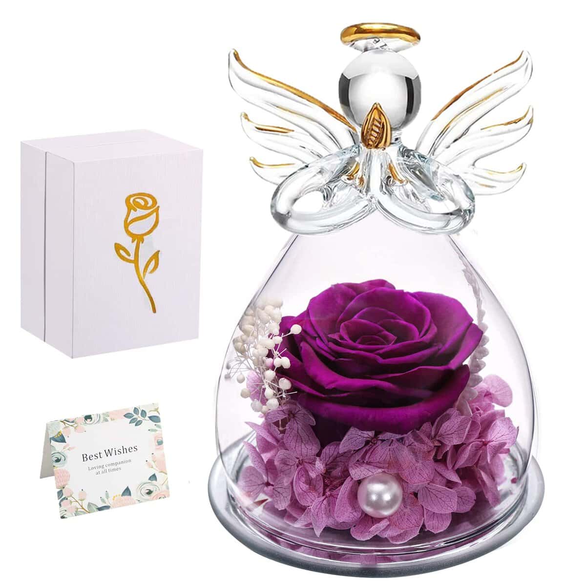 Regali per la Mamma per la Festa Della Mamma, Rosa Eterna con Angelo di Vetro, Rosa Stabilizzata Vera Regalo Mamma Compleanno, Statuette Angeli in Vetro con Fiori Eterni, Angeli Custodi per Lei