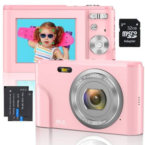 Fotocamera compatta ricaricabile con zoom 16x, messa a fuoco automatica. Perfetta per bambini, studenti e principianti. (Rosa)