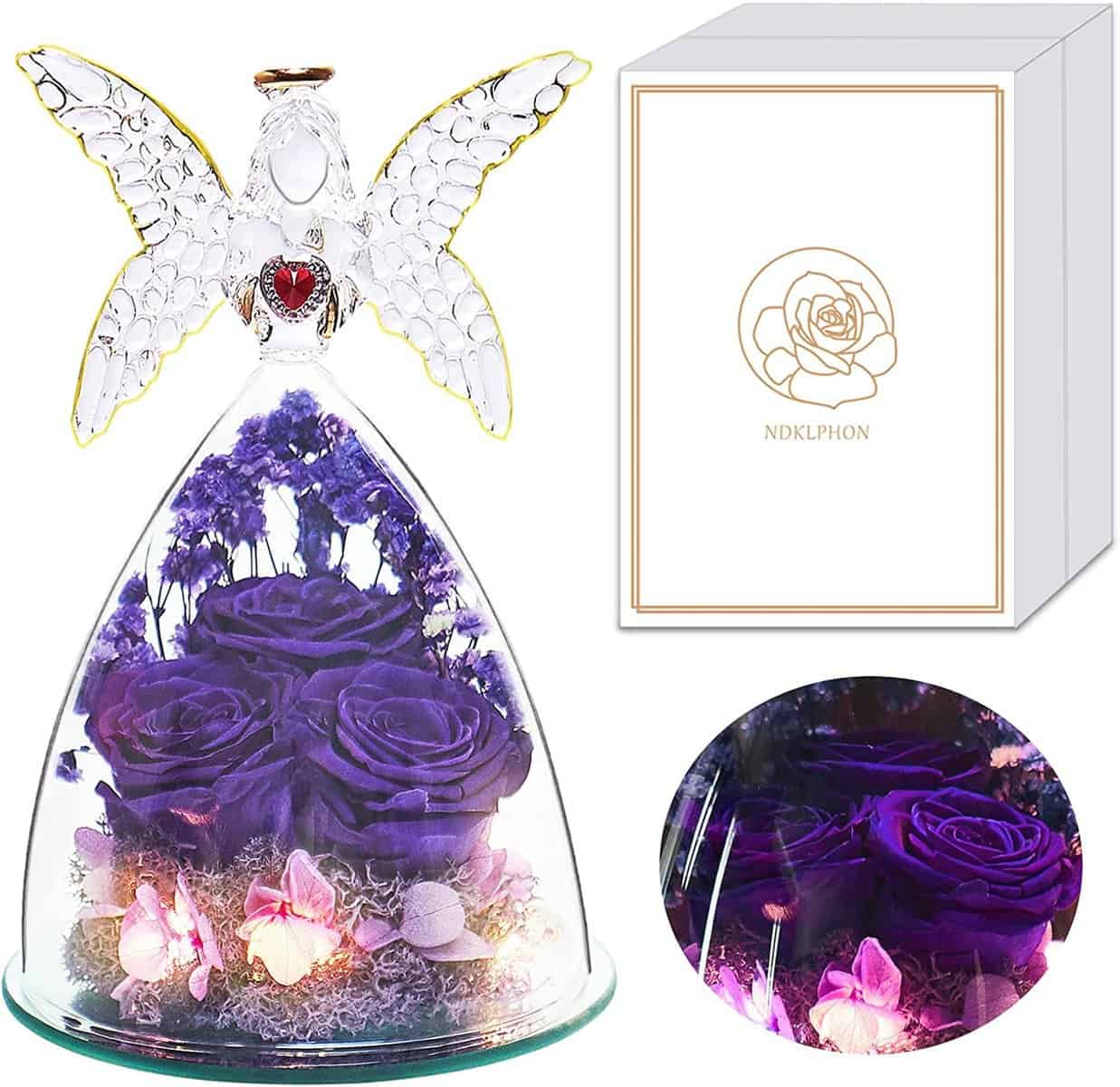 PISKEKAT Rosa Eterna Regalo per Donna, Vera Rosa Eterna in Angel Vetro, Rose Stabilizzata Fiore in Angel Cupola con Luci LED, Anniversario San Valentino Compleanno Regalo per Moglie Mamma Fidanzata