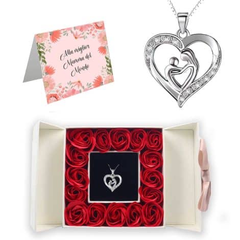 Set regalo originale per la festa della mamma e il compleanno, con 16 rose stabilizzate, collana e scatola sorpresa romantica. Incluso biglietto auguri.