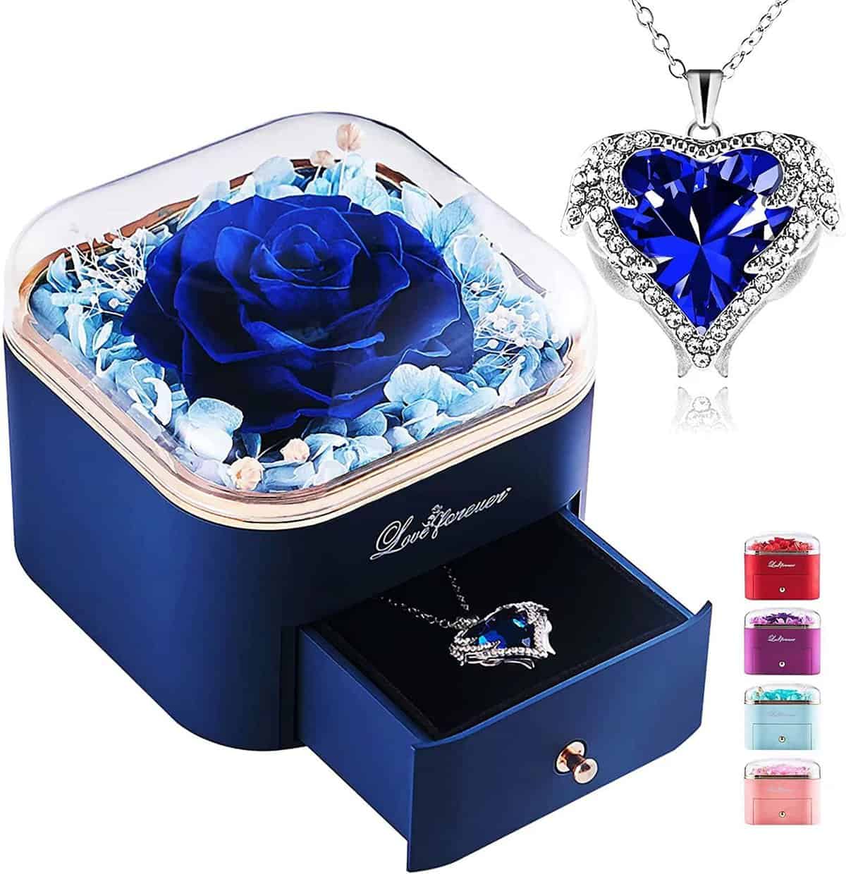 PISKEKAT Rosa Eterna con Collana, Rosa Regalo per Donna, Fiore Conservato Rose Scatola di Gioielli, Scatola di Rosa Stabilizzata, Compleanno Anniversario San Valentino Regalo per Moglie, Mamma, Donna