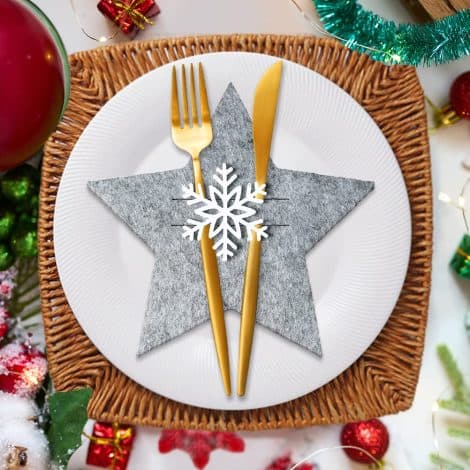 Porta posate natalizio in feltro, 12 pezzi, tasche a forma di stella, grigio, ideale per le feste di Natale.