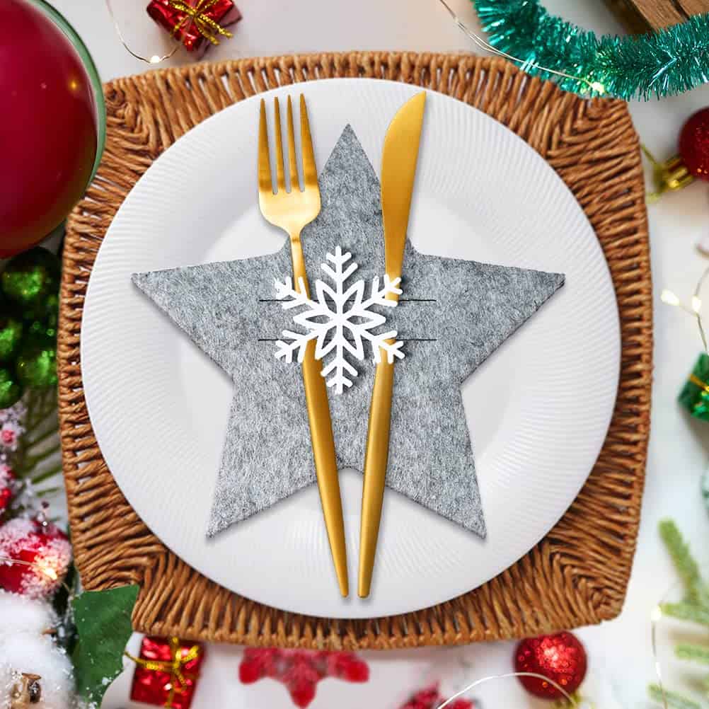 Portaposate in Feltro di Natale, 12 Pezzi Tasca per Posate Stella Natale Decorazione da Tavola, Grigio Coltelli Forchette Cucchiai Stoviglie Portaposate per Decorazione della Tavola Feste Natalizio