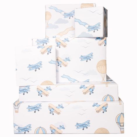 Mongolfiere Blu – Carta regalo per bambini retrò con aerei – Compleanno – 6 fogli riciclabili.