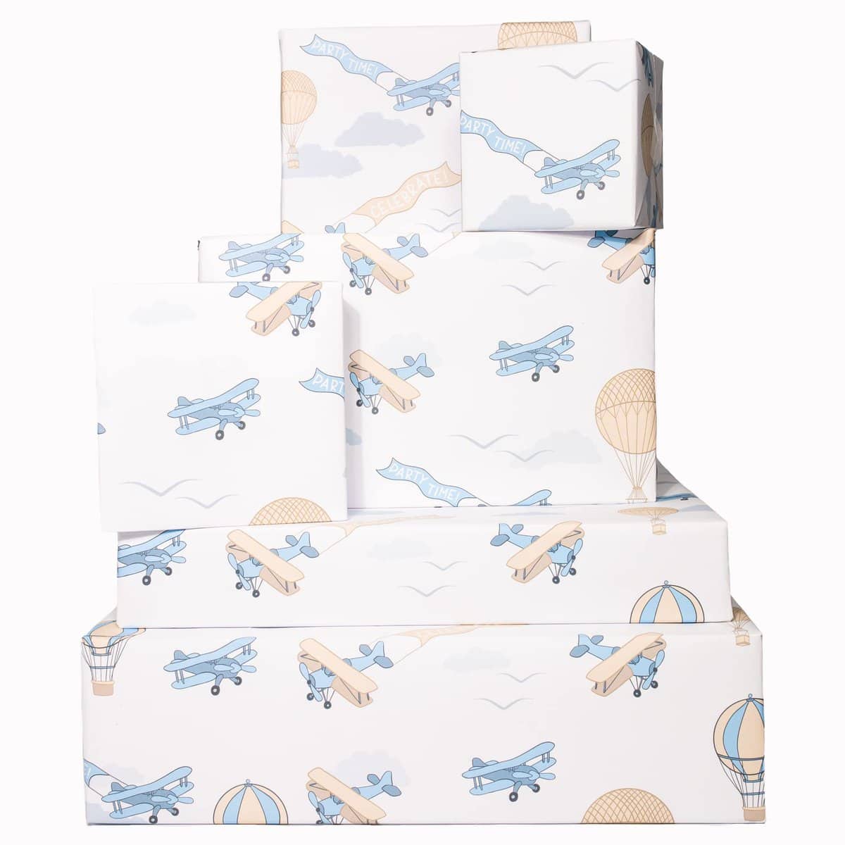 Central 23 - Carta da regalo per aeroplani per ragazzi - 6 fogli di carta regalo retrò per lui - Mongolfiere - Blu pastello - Aerei - Compleanno - Per bambini - Riciclabile