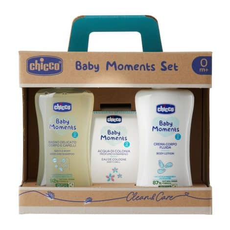 Set Chicco Baby Moments con Bagno Corpo 200 ml, Crema Corpo 200 ml, Acqua di Colonia 100 ml. Perfetto regalo per neonati.