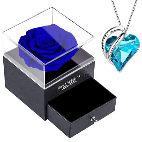 Rosa Blu Stabilizzata con Collana Cuore di Acquamarina, Rosa Conservata con Ciondolo Zaffiro Blu. Perfetta per Lei in Occasioni Speciali.