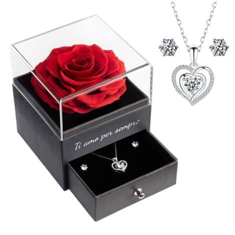 Yamonic Rosa Eterna con Set di Gioielli, “Amore Eterno”, Regalo Donna Originale, Idee Regalo Anniversario, Compleanno Mamma, Anniversario Matrimonio, Natale, Rosa Rossa.