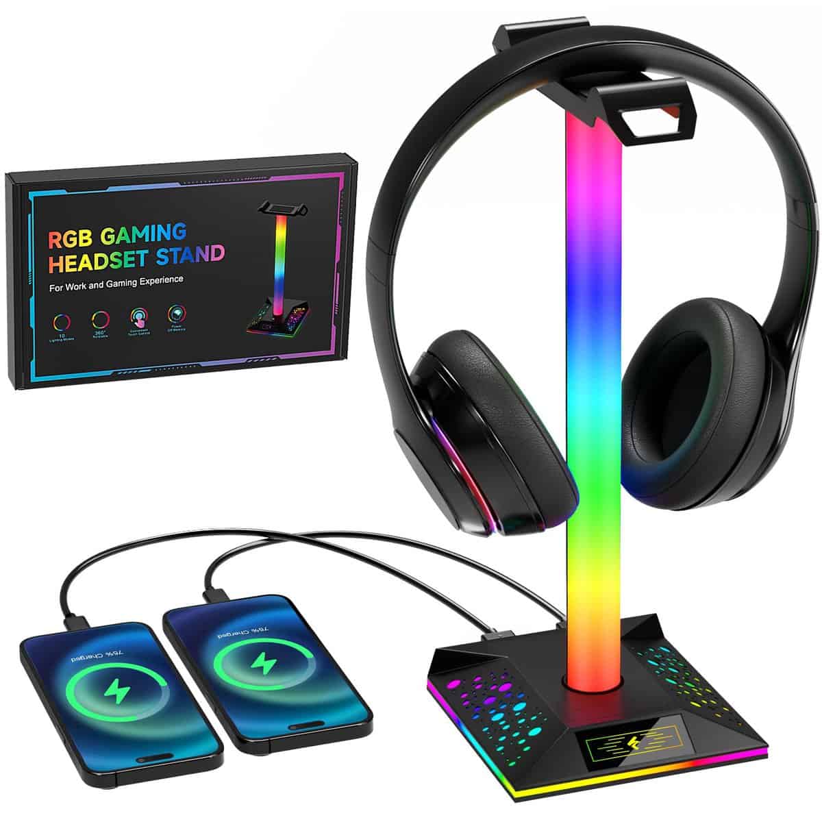 Hcman Porta Cuffie Gaming Accessori RGB LED Supporto Cuffie da Gioco con 2 Porte USB, Stand Cuffie Reggi Cuffie da Scrivania PC Gamer Headset Stand, Nero