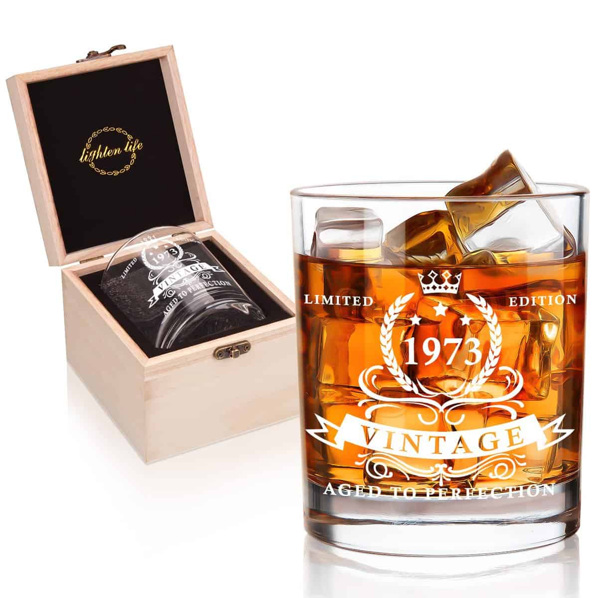 LIGHTEN LIFE Regalo per 50°compleanno da uomo 360ml,1973 bicchiere da whisky in scatola di legno pregiata,vetro bourbon whisky per 50 anni di papà,marito,amico,50°compleanno per uomini
