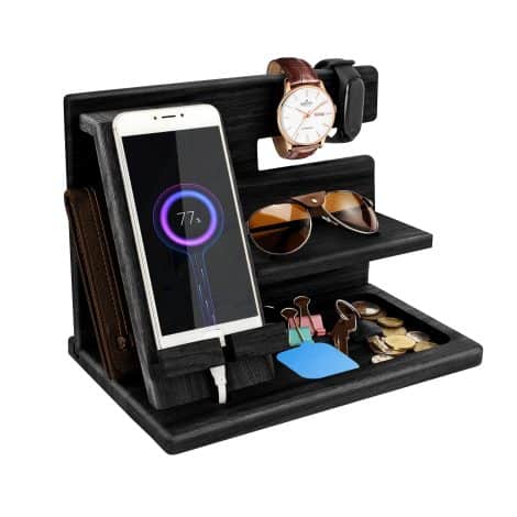 Supporto multifunzionale in legno per cellulare, portafoglio e orologio – Regalo ideale per uomo.