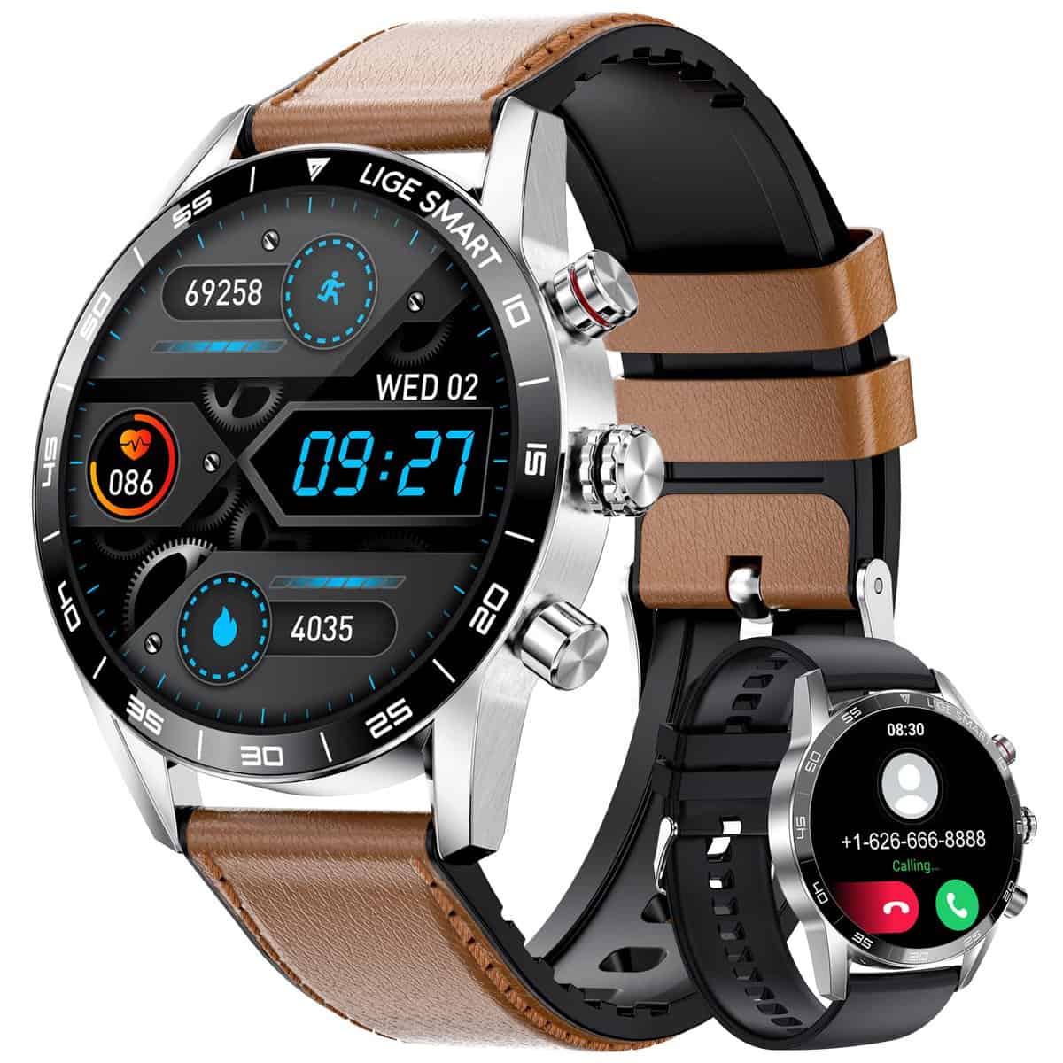 LIGE Orologio Smartwatch Uomo, Chiamate Bluetooth da 1,32 Pollici, Impermeabile IP67, Cardiofrequenzimetro Fitness Tracker Sport Smartwatch Compatibile per Android iOS Silicone Marrone