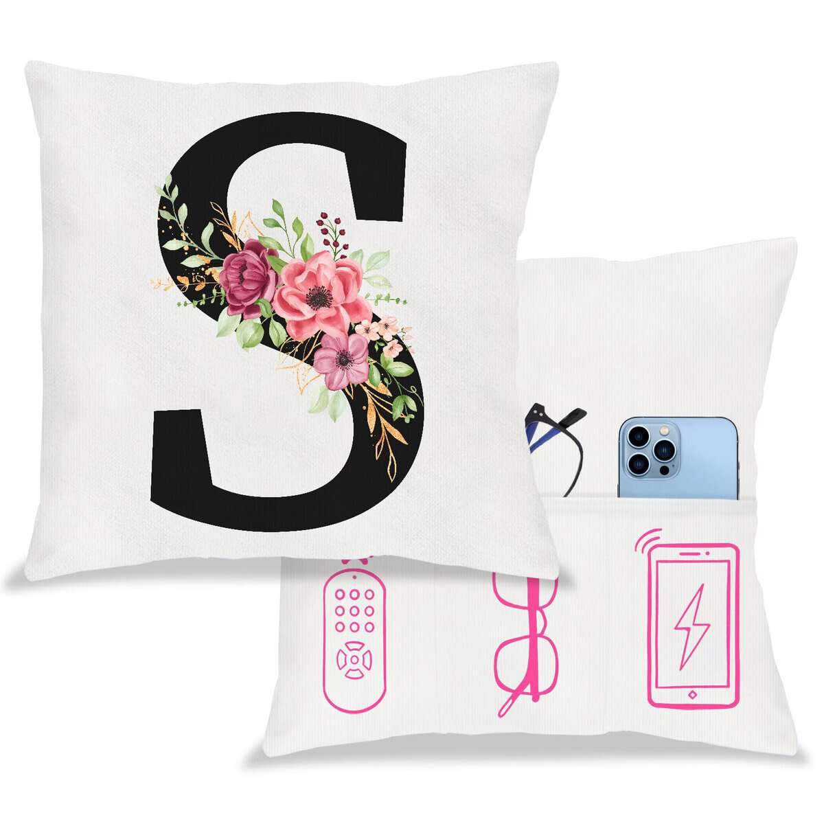Regalo natale per amica federa per cuscino con lettere 45x45 cm iniziali federa con tasca, bianco federa decorativa con alfabeto fiore, idee regalo mamma donna ragazza regalo di compleanno (S)