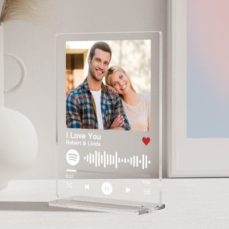 Targa Spotify personalizzata con foto su base acrilica, cornice colorata. Regalo per tutte le occasioni speciali.