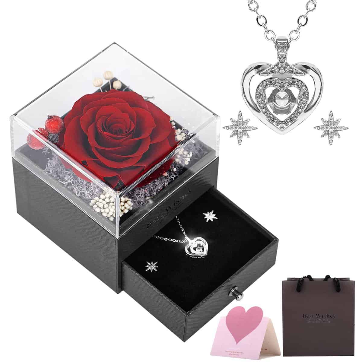 Rosa Eterna Regali per Lei Moglie Mamma Fidanzata, Idee Regalo Donna Portagioie con Collana e Orecchini, Confezione Regalo per San Valentino Festa della Mamma Anniversario Natale