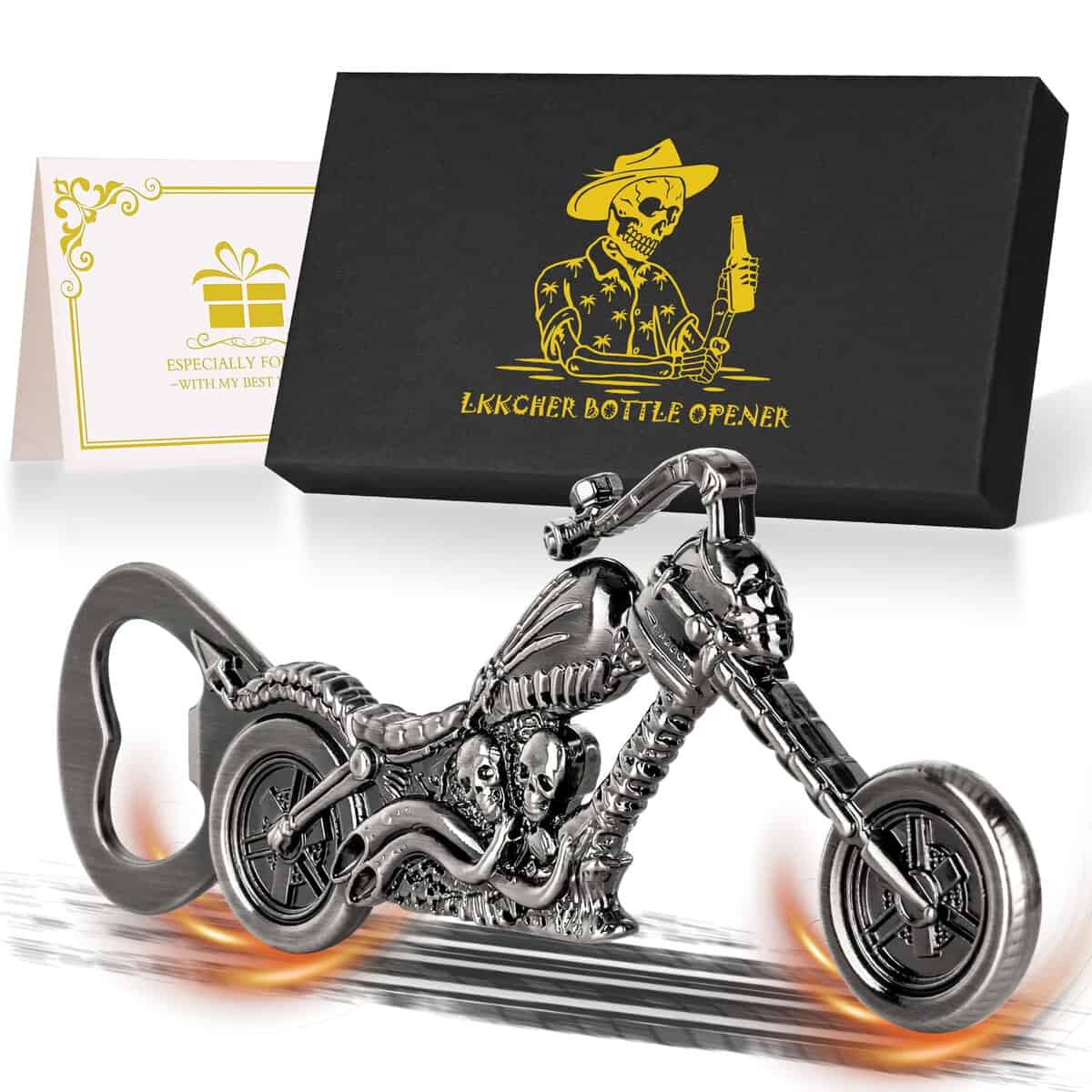 LKKCHER Apribottiglie di Birra per Moto Teschio, Regalo Uomo, regalo per moto, Idee Regalo Uomo per Lui Papà Marito Figlio, Regalo Compleanno Uomo, Regali Natale, Argento Scuro(Con Confezione Regalo)