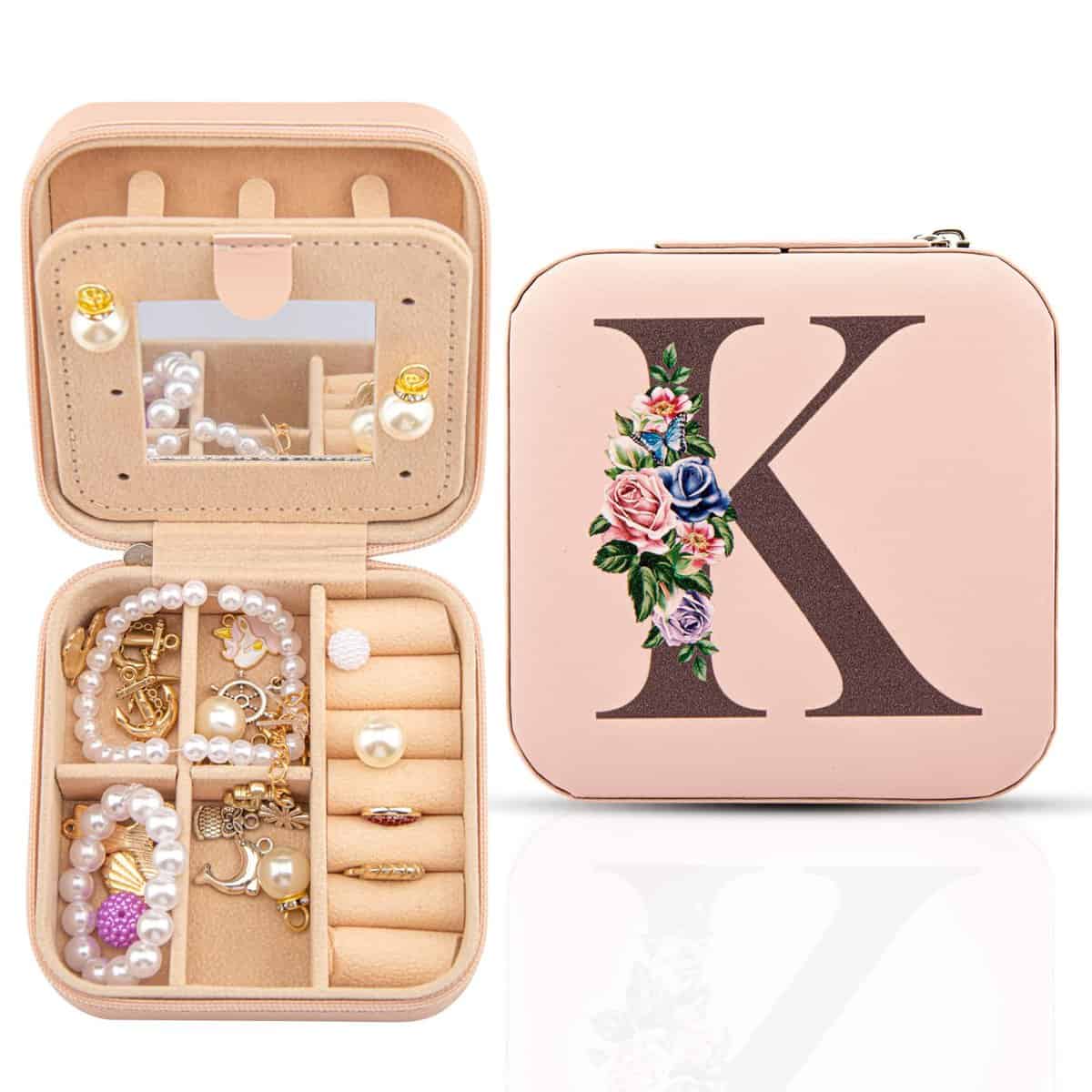 Portagioie da viaggio con specchio, organizer per anelli, collane e orecchini, portagioie personalizzato, regali per donne e ragazze,K