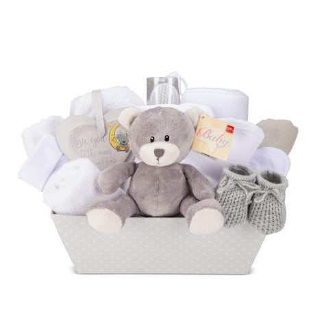 Cesto Regalo Neonato Unisex – 17 Set per il Baby Shower con Regalini per la Nascita, Bimba e Bimbo – Grigio