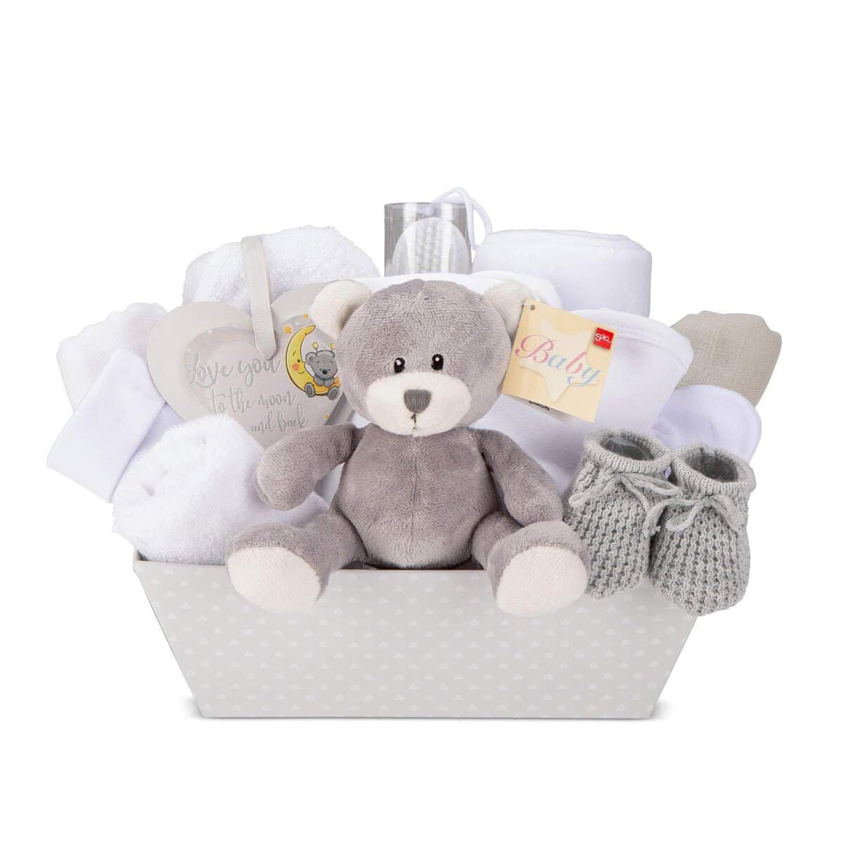 Baby Box Shop Regalo Baby Shower Unisex - 17 Set Neonato Regalo Nascita, Regalo Nascita Bimba, Cesta Regalo Neonato - Regalini Neonato Unisex, Set Neonato Regalo Nascita, Regali Nascita Bimbo - Grigio
