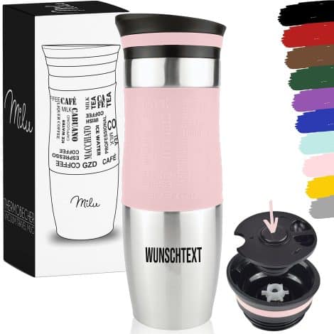 Tazza da viaggio Milu con incisione – regalo personalizzato per uomo, donna, mamma, papà o fidanzata. (450ml, Rosa)