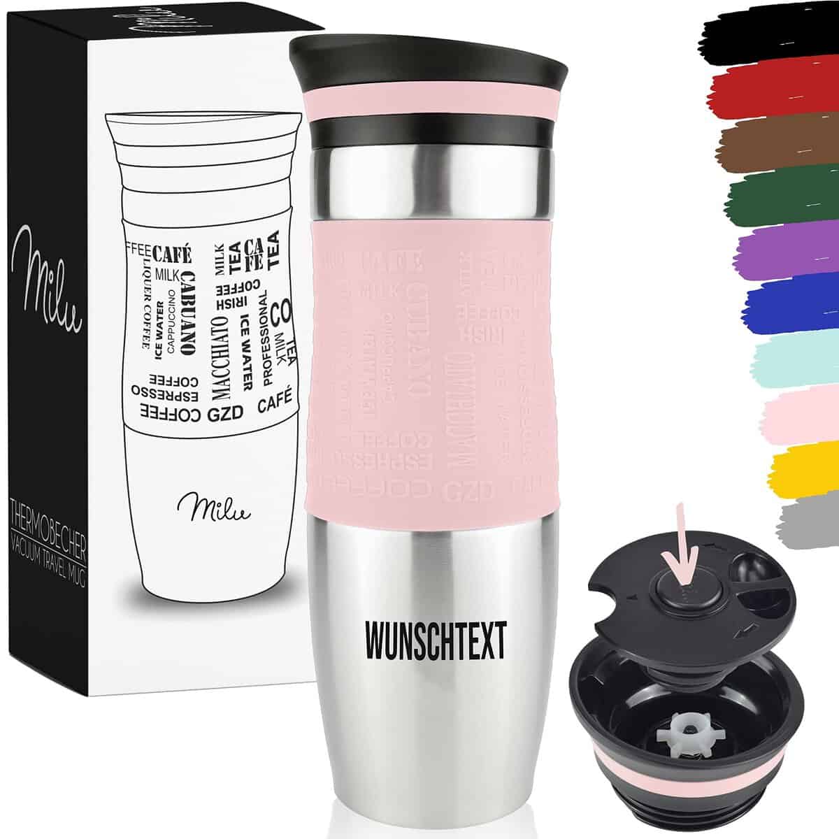 Milu Tazza termica da viaggio per caffè con incisione - 370ml 450ml - idea regalo personalizzata regalo di compleanno regalo di Natale per uomini donne mamma papà fidanzata (450ml, Rosa)