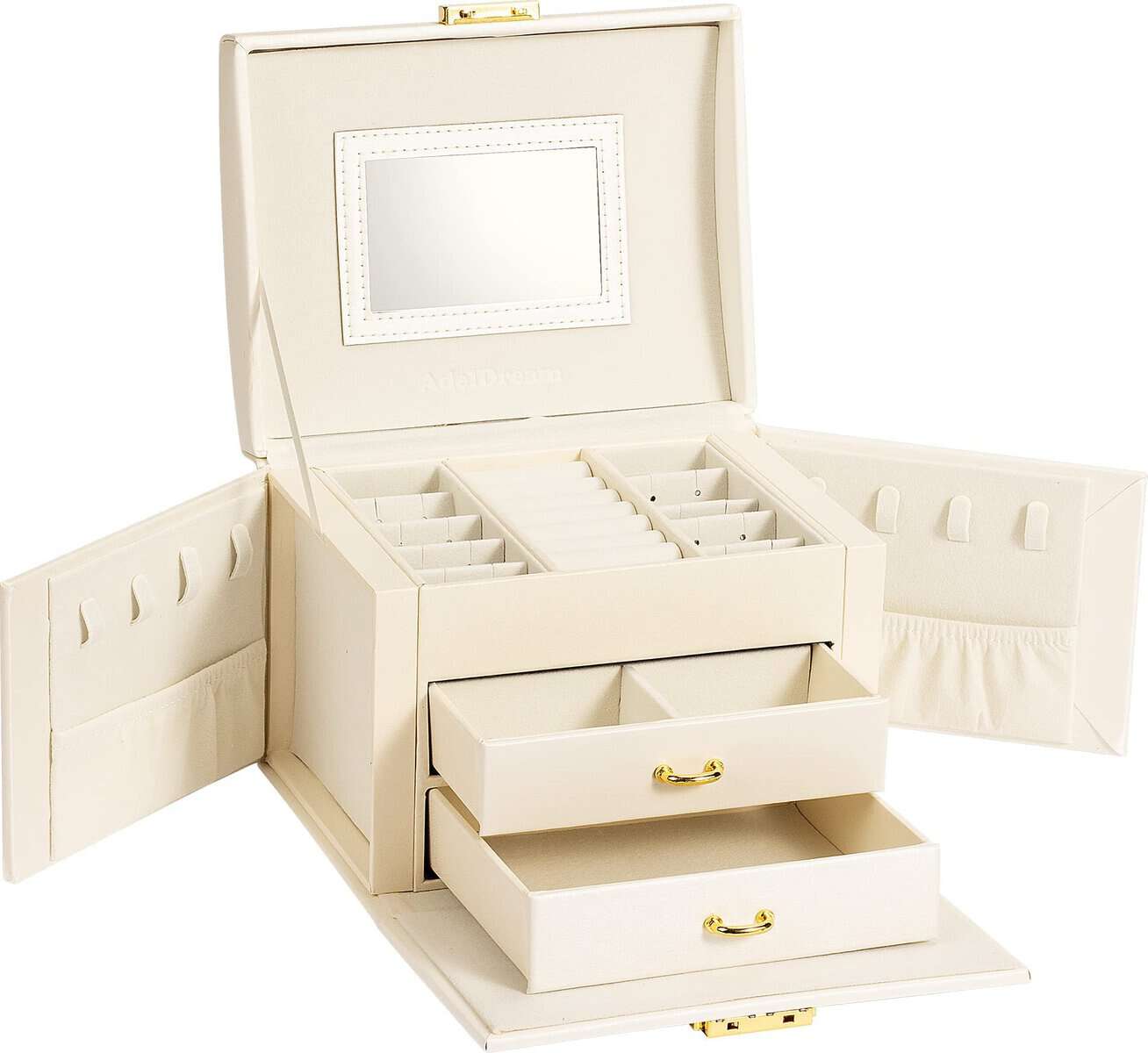 ADEL DREAM Portagioie per Donne Ragazze, Chiudibile a Chiave 3 Livelli 2 Cassetti 3 Colori con Specchio per Anelli, Orecchini, Collane, Bracciali, bianco2, 17,2x13,7x12 cm