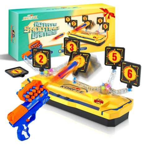 Set di 6 bersagli rotanti con pistola giocattolo Korffe, regalo natalizio per ragazzi di 6-12 anni. Giallo.