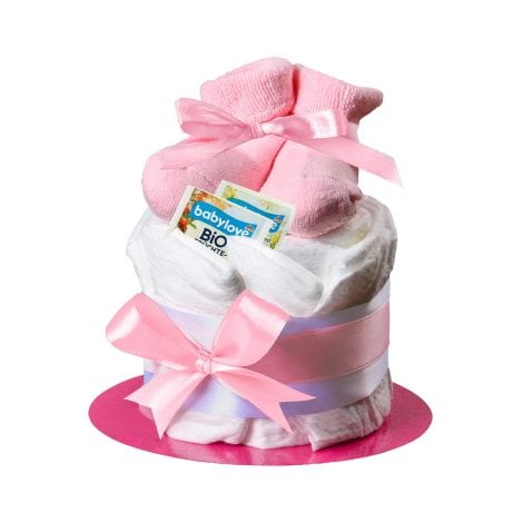 Torta di pannolini rosa con calzini per neonate – Regali Pinkelparty per neonati – Idea regalo per festa – Biglietto di auguri incluso.