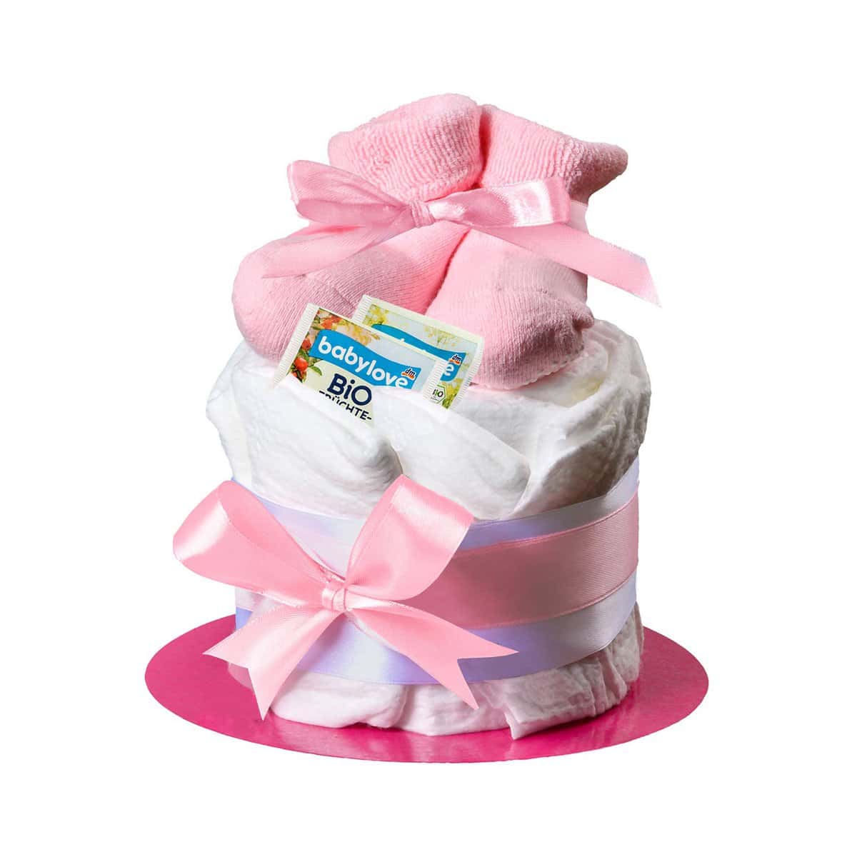 Torta di pannolini rosa con calzini per bambine – Pinkelparty regali per nascita, battesimo o baby shower – idea regalo con pannolini appena nati – biglietto di auguri incluso