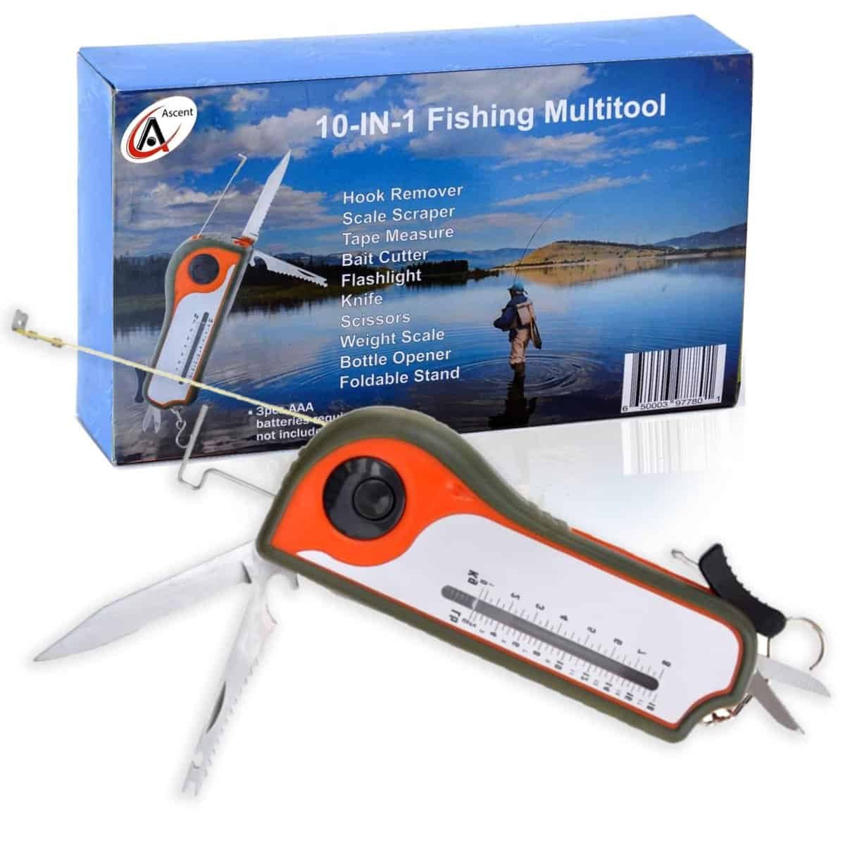 Multiattrezzo per pescatore, include strumento per rimuovere l'amo, raschietto per squame, metro a nastro, taglierina, torcia, coltello, forbici, bilancia, apribottiglie, idea regalo per uomo, donna