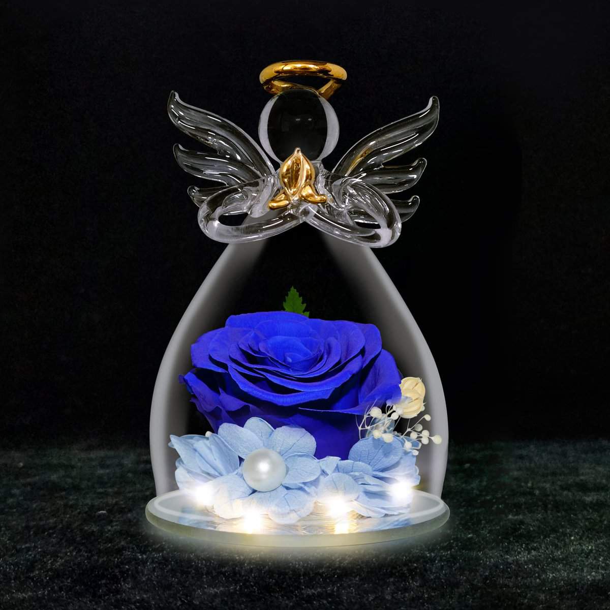 TECHSHARE Regalo Donna Compleanno, Rosa Eterna in Vetro con Luci a LED, Regalo per Mamma, Fidanzata o Moglie per San Valentino, Festa della Mamma, Compleanno, Natale (Blu)
