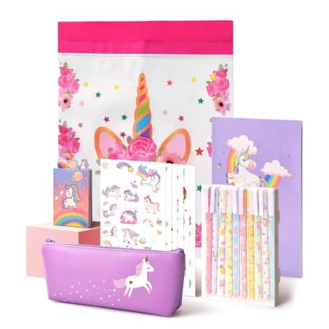 Astuccio Unicorno Regalo per Ragazza, Cancelleria con 37 pezzi: penne colorate, matite, per bambine dai 6 ai 11 anni (Viola).