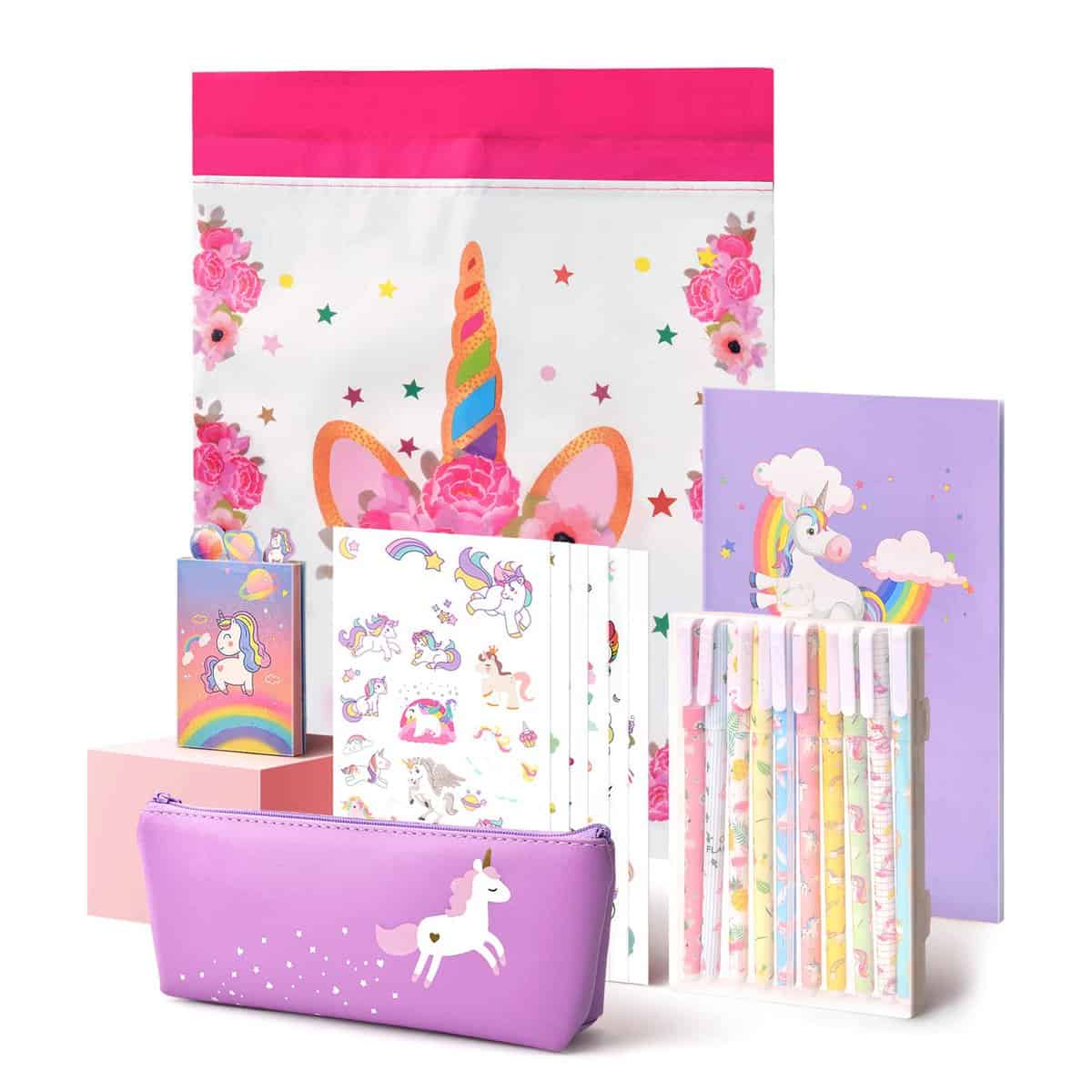 Anyfirst 37 pcs Unicorno Regalo Per Ragazza, Cancelleria per Unicorno Includere Astuccio, Penne Colorate y Matite, Astuccio Unicorno Bambina di 6 7 8 9 10 11 Anni (Viola)