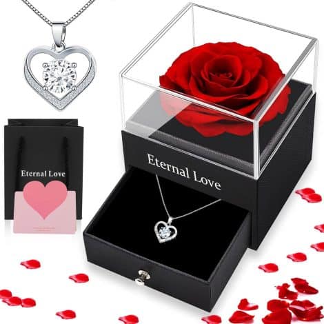 Rosa Eterna con Collana in Vera Rosa Stabilizzata: Regalo Originale per Festa della Mamma, Festa della Donna, San Valentino, Anniversario o Compleanno.
