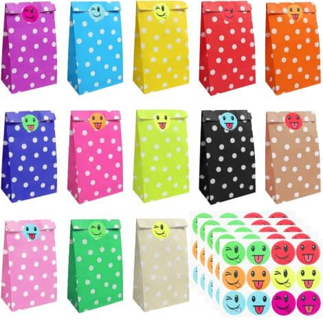 Sacchetti Regalo Kiomdsr con 52 pezzi, adesivi sorridenti e sigillabili. Perfetti per confezionare dolci e regali per compleanni, matrimoni e feste.