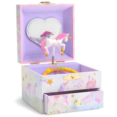 Custodia musicale per bambina con unicorno rotante e cassettino estraibile, arcobaleno scintillante.