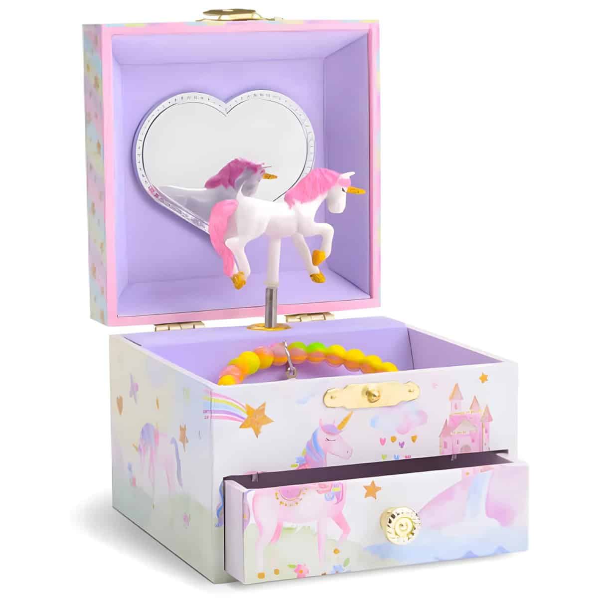 Jewelkeeper Portagioie Musicale per Bambina con Unicorno Girevole, Arcobaleno Glitterato - Cassetto Estraibile