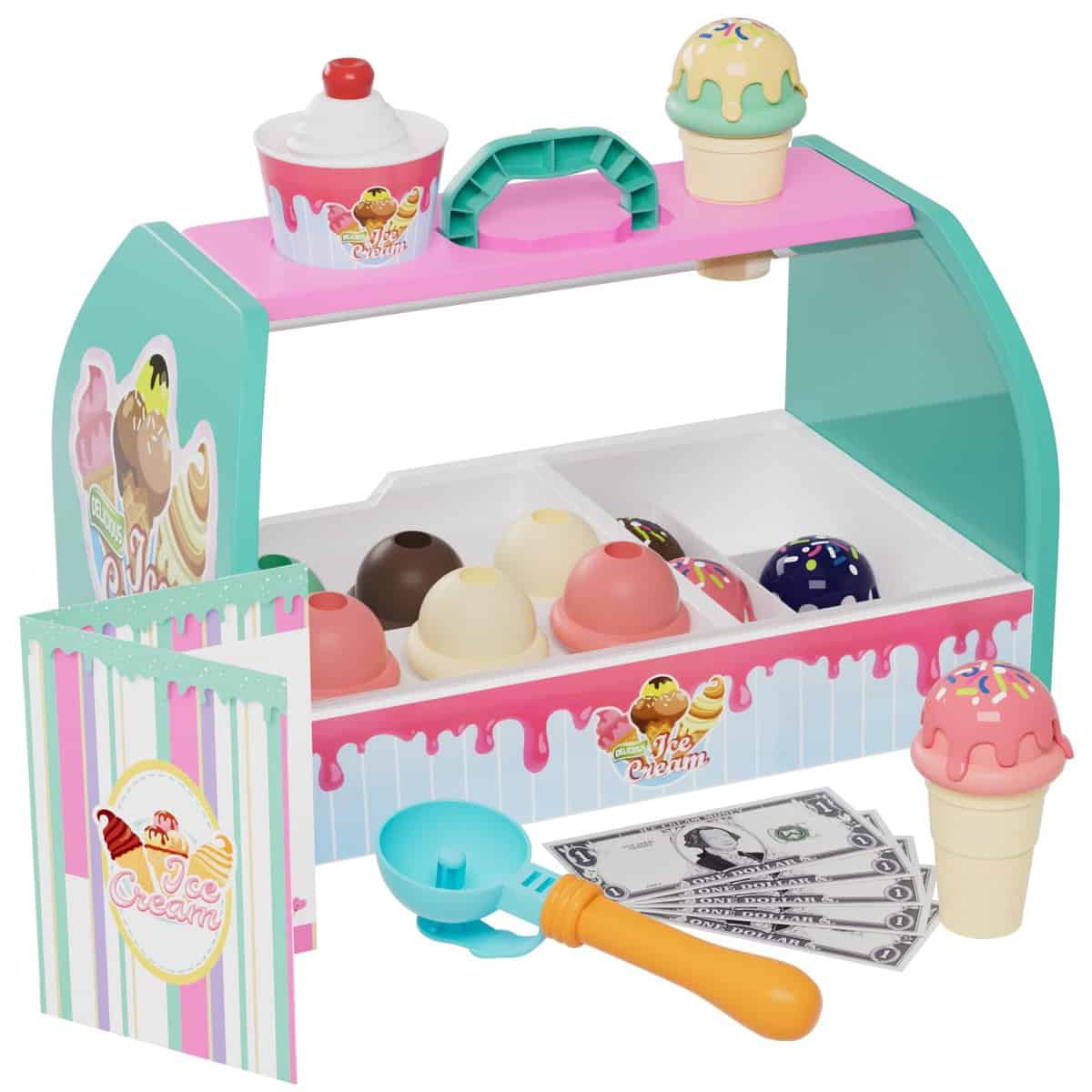 Set Gelato Giocattolo Contatore per bambini, Fingi Play (26 pz) Regalo per 3 4 5 6 anni Ragazza o ragazzo, Gioco Educativo di Matematica e Sviluppo Abilità Cognitive con Cibo Finto