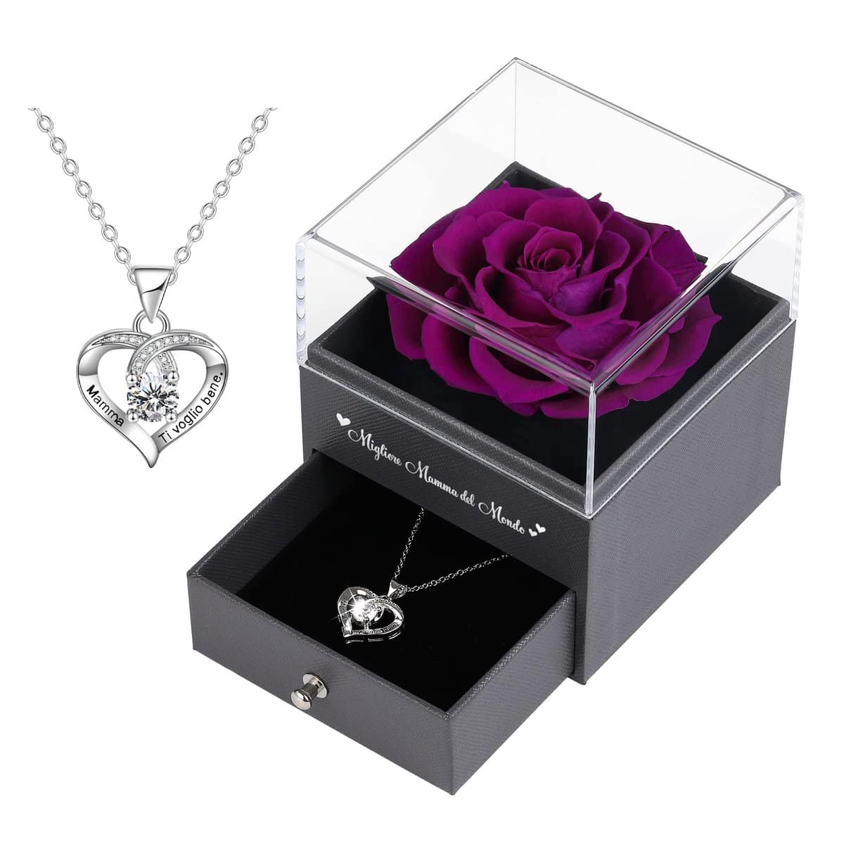 Eaprala Regalo per la festa della mamma Vera Rosa per la mamma, Rosa eterna con collana regalo, Regali per la festa della mamma Compleanno Natale Rosa per mamma moglie donna (Viola)