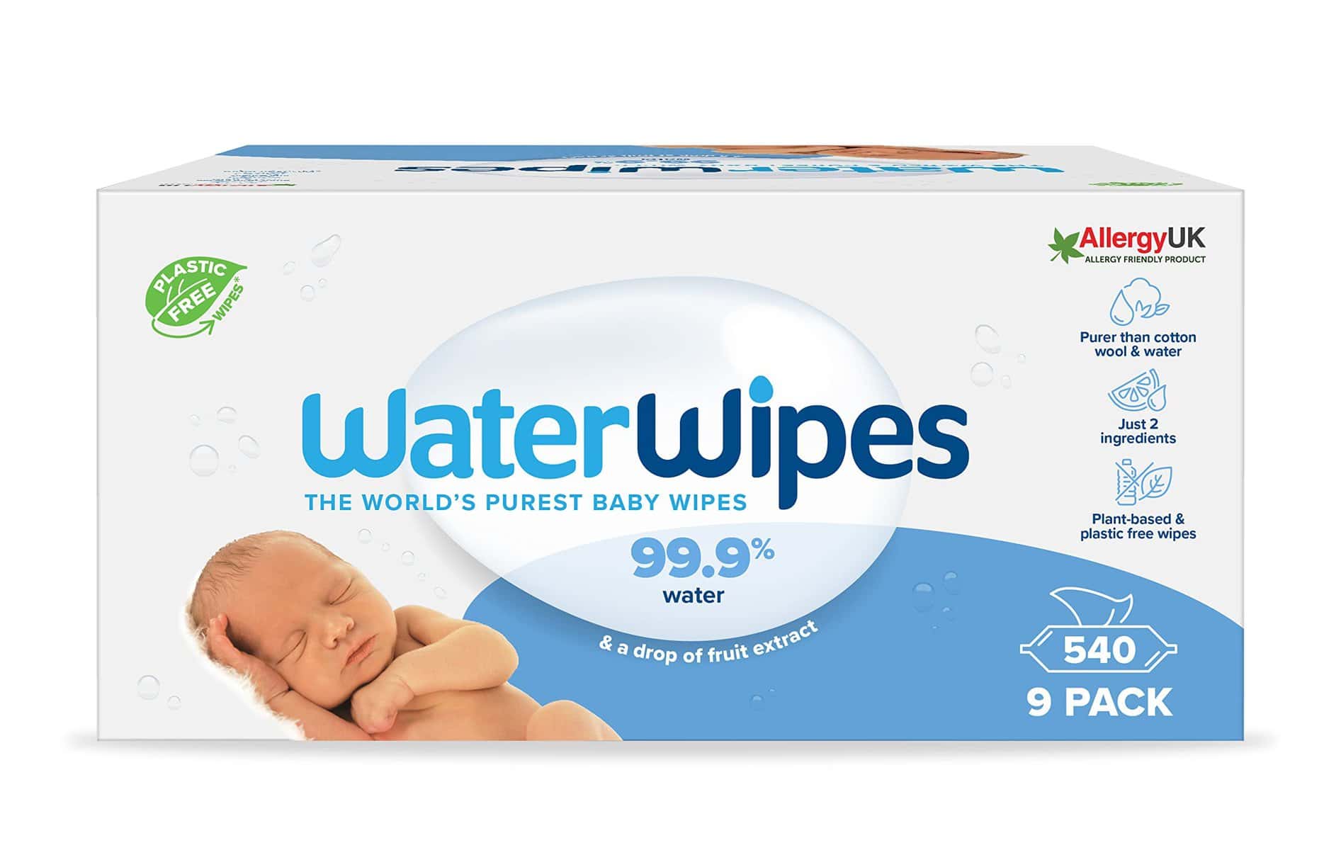 WaterWipes Original Salviette Senza Plastica per Bebè, 540 Unità, 9 Confezioni, Salviette Umidificate al 99,9% a Base di Acqua & Inodori per Pelli Sensibili