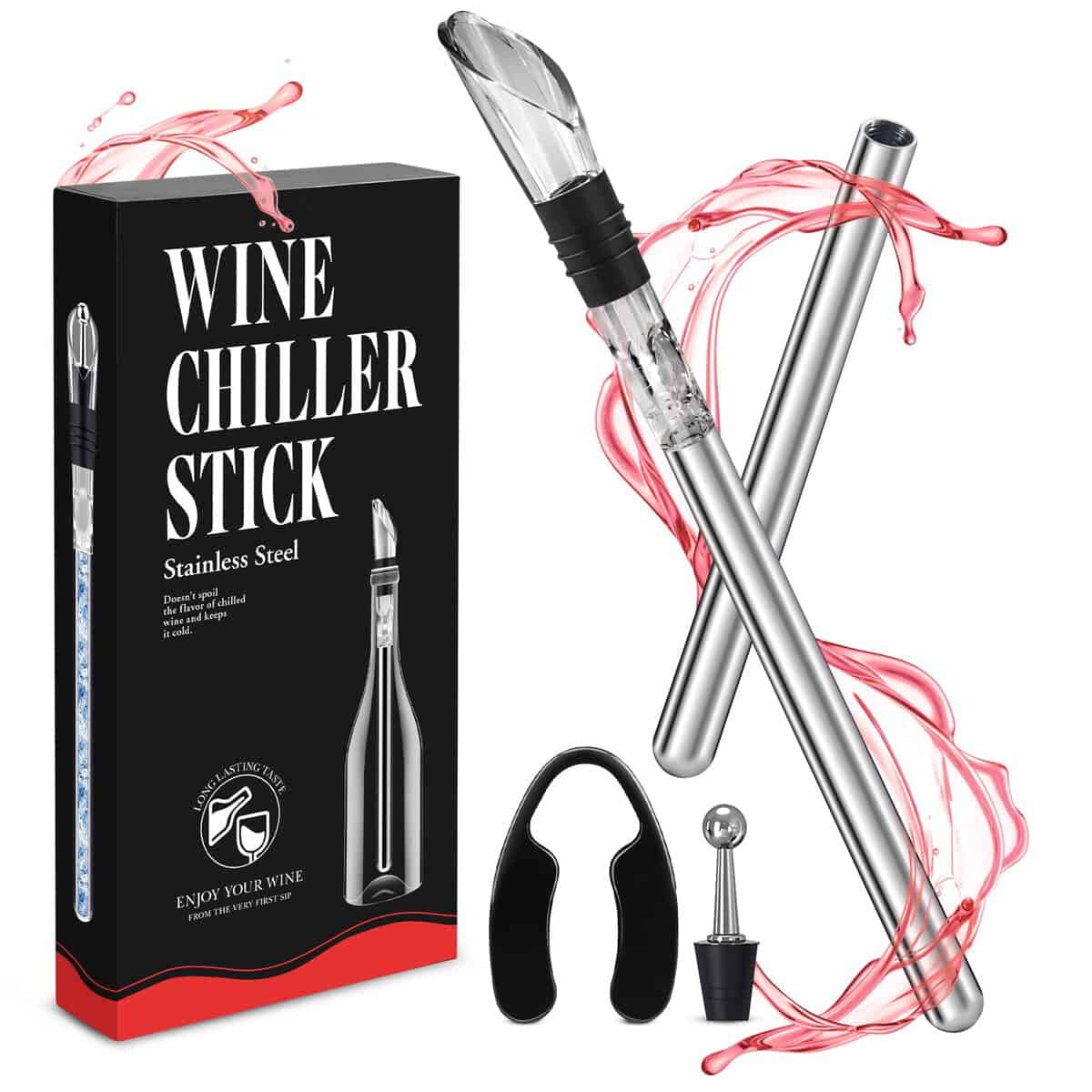 SLDALES Set di bastoncini refrigeranti per vino 5 in 1, in acciaio inox, con 2 aste, beccuccio e tappo di bottiglia + tagliacapsule, regalo significativo per uomini e donne amanti del vino