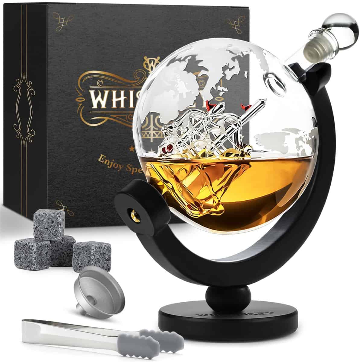 Whisiskey - Decanter per Whisky - Mappamondo - 900ML - Regalo Uomo - Caraffa Whiskey - Regali Compleanno - Set include 4 Cubetti di Ghiaccio Riutilizzaibili, Pinze e Beccuccio