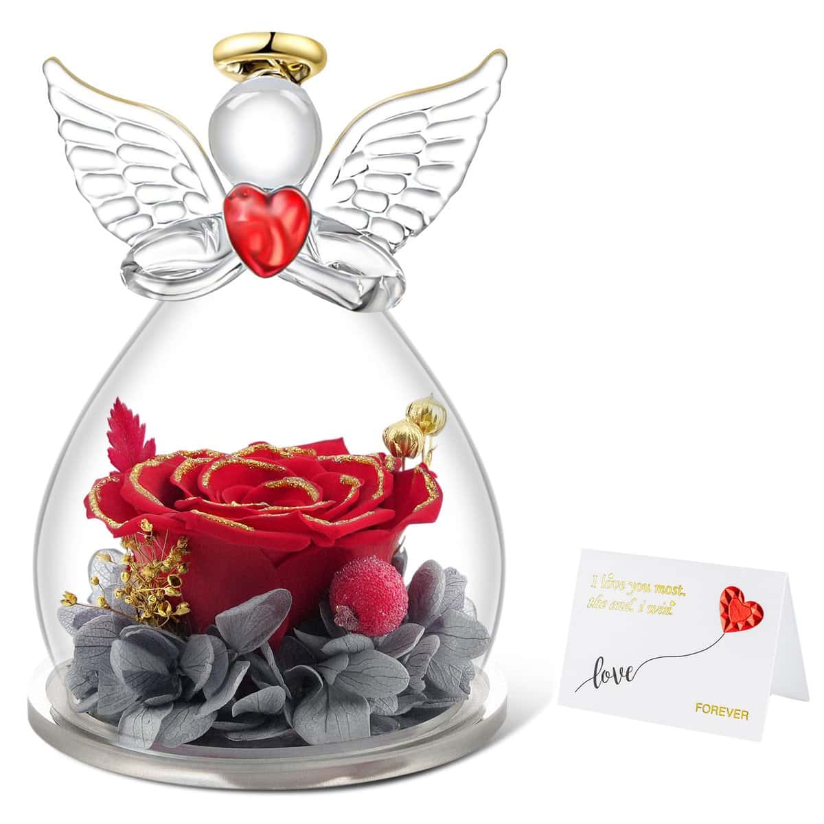 Miofula Rosa Stabilizzata Vera Regalo Mamma Compleanno, Rosa Eterna con Figurina Angelo, Regalo per donna, Idee regalo di Anniversario Natale San Valentino Festa della mamma per Mamma Nonna
