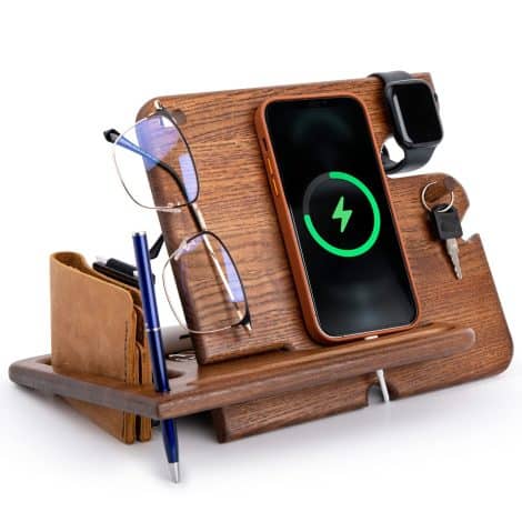 Supporto in legno per telefono, portaorologio con organizer per uomo, regalo per anniversario, compleanno, comodino, borsa per papà.