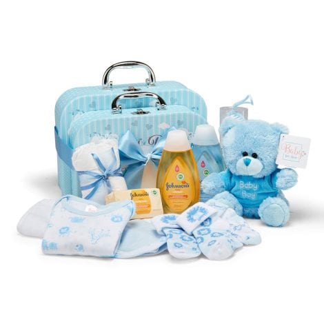 Cesta Regalo Neonato Maschio – 15 Articoli con 2 Valigie Blu – Ideale Baby Shower.