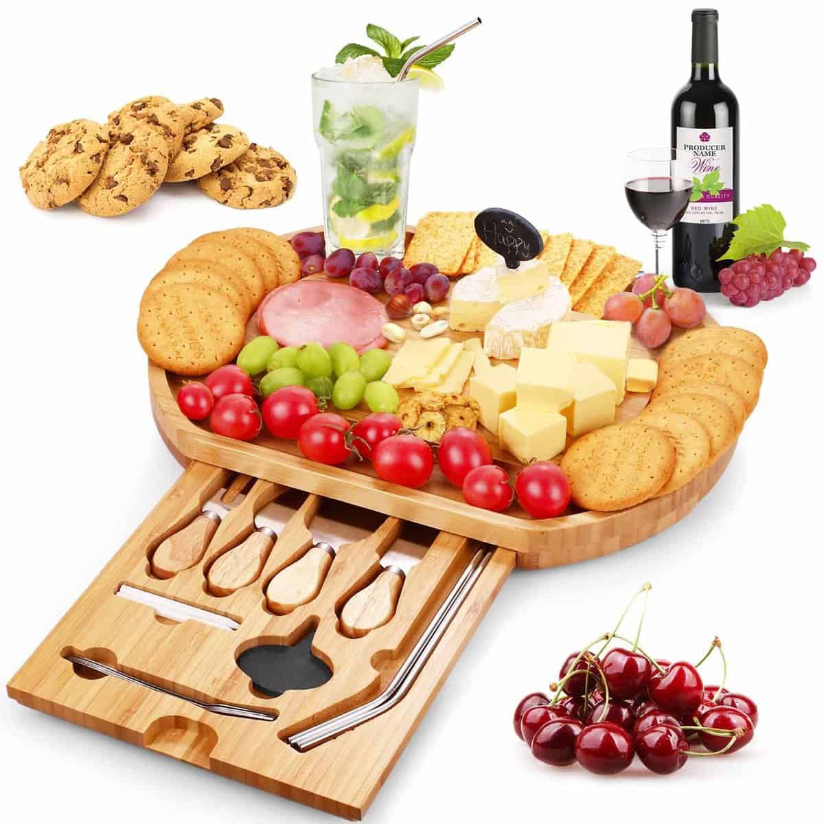 Duerer Set da tavola per formaggi, vassoio per carne e formaggi con posate nel cassetto estraibile - Il miglior regalo per Natale, San Valentino, Compleanno (Include cannucce)