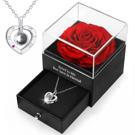 HEGUD Rosa Stabilizzata Vera – Rosa Eterna con Collana I Love You. Perfetto regalo per donne: mamma, fidanzata, moglie.