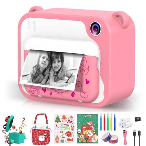 Macchina Fotografica Ukuu per Bambini, 2,4 pollici 1080P, con 32GB SD, Carta da Stampa e Accessori Divertenti. Perfetto Regalo di Natale. Rosa, 3-14 anni.