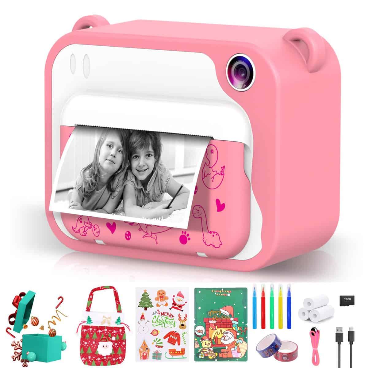 Ukuu Macchina Fotografica per Bambini 2,4 pollici 1080P Fotografica Istantanea con 32GB Scheda SD, Carta da Stampa & Accessori Divertenti, Set Regalo Natale per Bambini dai 3 ai 14 - Rosa